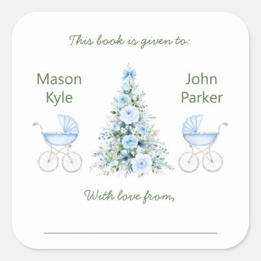Winter twin boys Baby Shower Bookplates Vierkante Sticker (Voorkant)