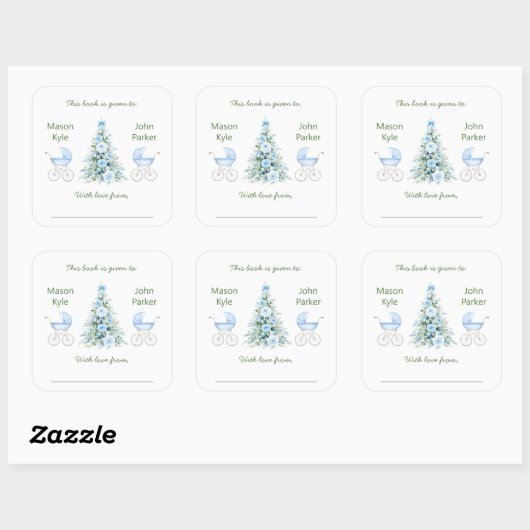 Winter twin boys Baby Shower Bookplates Vierkante Sticker (Vel)