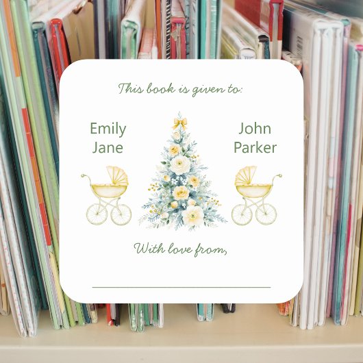 Winter twins neutral gender Baby Shower Bookplates Vierkante Sticker