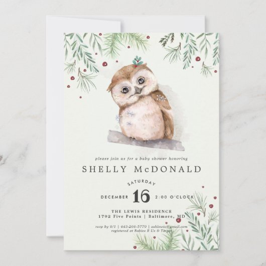 Winter Uil Baby Shower Uitnodiging (Voorkant)