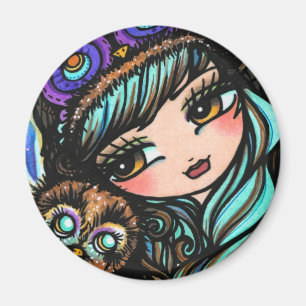 Winter Uil Sneeuwwoud Pet Meisje Fantasy Art Magneet