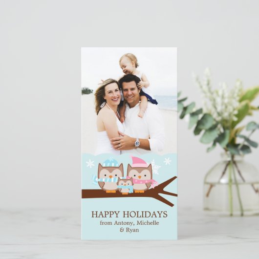Winter Uilen Familie Feestdagenkaart (Staand voorkant)