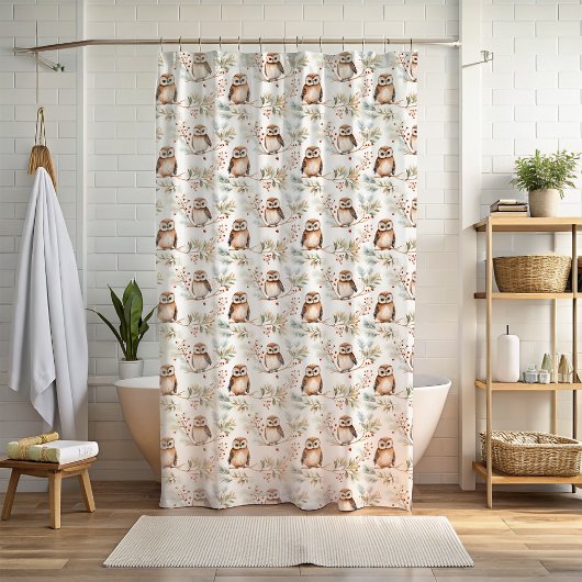 Winter Uilen Rode Berry Kerst Douche Gordijn