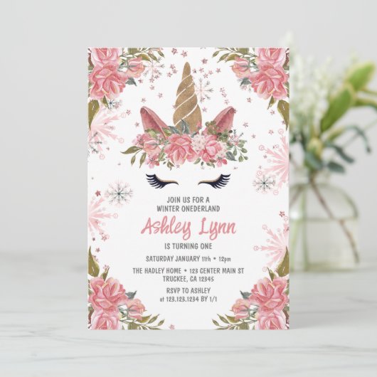Winter Unicorn 1e verjaardag Blush Pink uitnodigin Kaart (Staand voorkant)