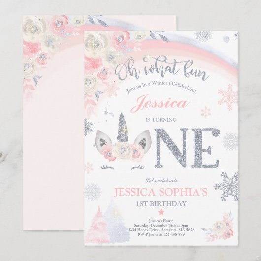 Winter Unicorn 1e verjaardag Roze & Silver Unicorn Kaart (Voorkant / Achterkant)