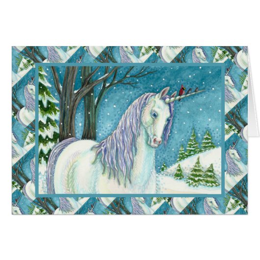 WINTER UNICORN EN VOGELS, PEACEFUL SNEEUWNOOT KAAR (Voorkant Horizontaal)