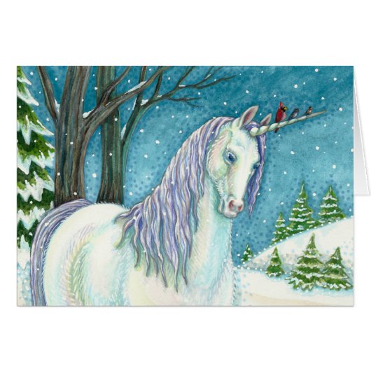 WINTER UNICORN EN VOGELS, PEACEFUL SNEEUWNOOT KAAR (Voorkant Horizontaal)