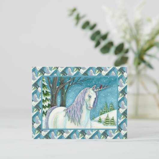 WINTER UNICORN EN VOGELS, VREEDZAME SNEEUWHORSE BRIEFKAART (Staand voorkant)