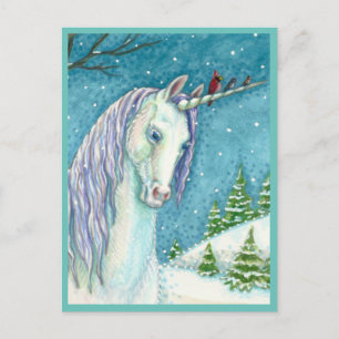 WINTER UNICORN EN VOGELS, VREEDZAME SNEEUWLANDSCHA BRIEFKAART
