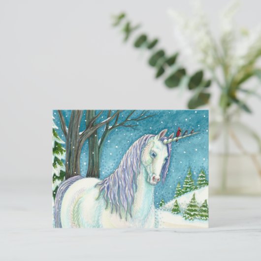 WINTER UNICORN EN VOGELS, VREEDZAME SNEEUWLANDSCHA BRIEFKAART (Staand voorkant)