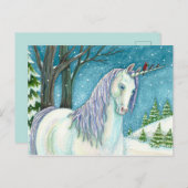 WINTER UNICORN EN VOGELS, VREEDZAME SNEEUWLANDSCHA BRIEFKAART (Voorkant / Achterkant)