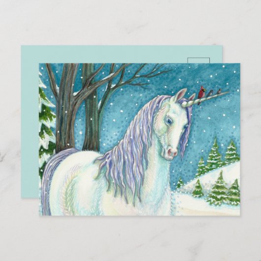 WINTER UNICORN EN VOGELS, VREEDZAME SNEEUWLANDSCHA BRIEFKAART (Voorkant / Achterkant)