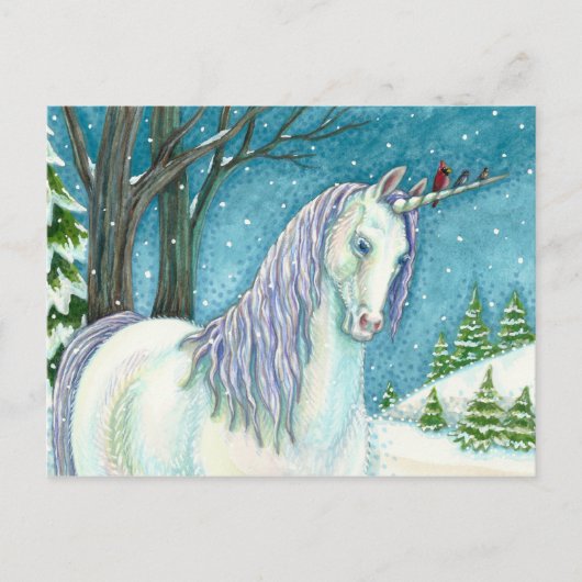 WINTER UNICORN EN VOGELS, VREEDZAME SNEEUWLANDSCHA BRIEFKAART (Voorkant)