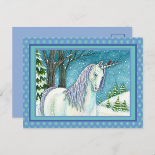 WINTER UNICORN EN VOGELS, VREEDZAME SNEEUWLANDSCHA BRIEFKAART (Voorkant / Achterkant)