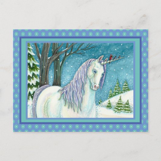 WINTER UNICORN EN VOGELS, VREEDZAME SNEEUWLANDSCHA BRIEFKAART (Voorkant)