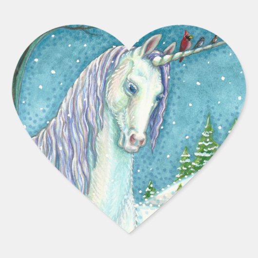 WINTER UNICORN EN VOGELS, VREEDZAME SNEEUWLANDSCHA HART STICKER (Voorkant)