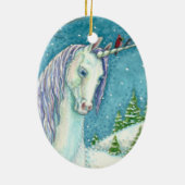 WINTER UNICORN EN VOGELS, VREEDZAME SNEEUWLANDSCHA KERAMISCH ORNAMENT (Achterkant)