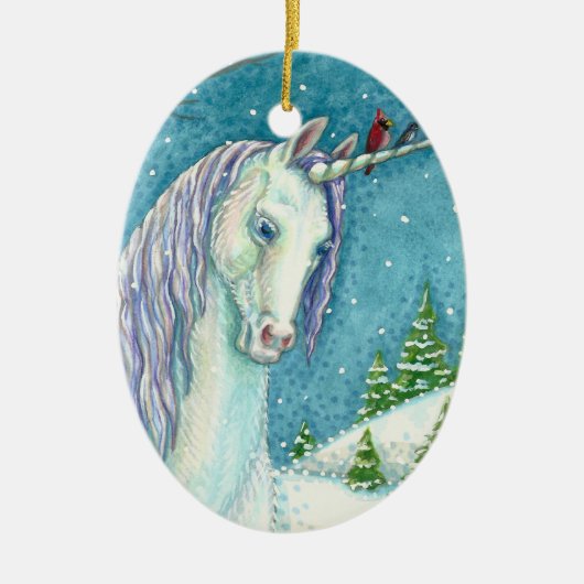 WINTER UNICORN EN VOGELS, VREEDZAME SNEEUWLANDSCHA KERAMISCH ORNAMENT (Voorkant)