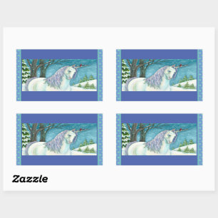 WINTER UNICORN EN VOGELS, VREEDZAME SNEEUWLANDSCHA RECHTHOEKIGE STICKER