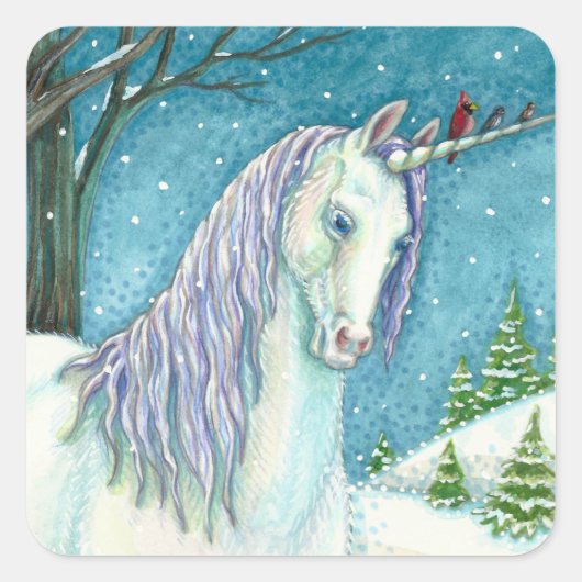 WINTER UNICORN EN VOGELS, VREEDZAME SNEEUWLANDSCHA VIERKANTE STICKER (Voorkant)