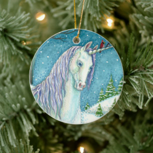 WINTER UNICORN EN VOGELS, VREEDZAME SNEEUWVANTASY KERAMISCH ORNAMENT