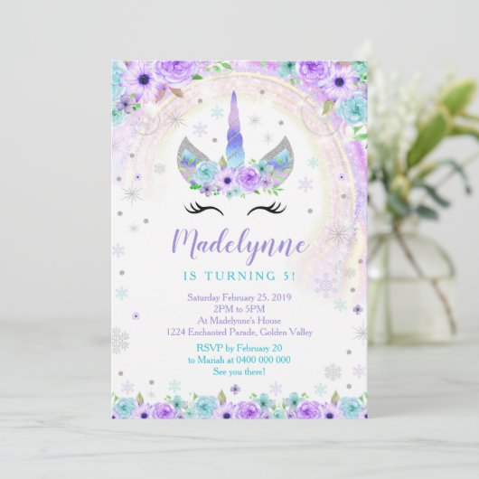 Winter Unicorn Uitnodiging - Unicorn Snowflakes (Staand voorkant)