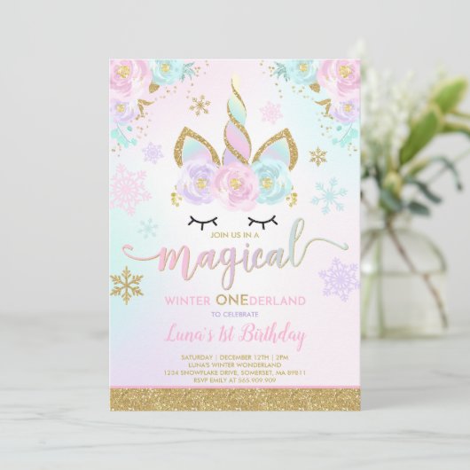 Winter Unicorn Uitnodiging Winter ONEderland Parti (Staand voorkant)