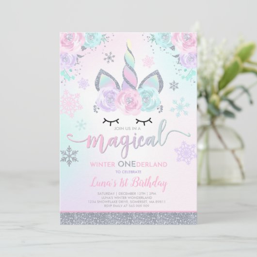 Winter Unicorn Uitnodiging Winter ONEderland Parti (Staand voorkant)