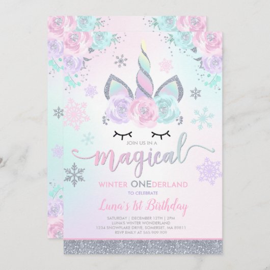Winter Unicorn Uitnodiging Winter ONEderland Parti (Voorkant / Achterkant)