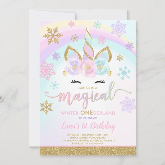 Winter Unicorn Uitnodiging Winter ONEderland Parti (Voorkant)