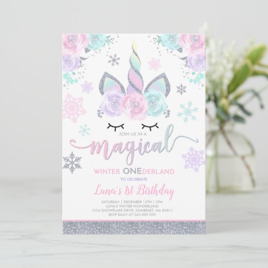 Winter Unicorn Uitnodiging Winter OneDerland Party (Staand voorkant)