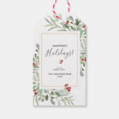 Winter Vakantie Groene Botanicals Rode bessen Aang Cadeaulabel (Voorkant)