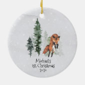 Winter Vakantie Woodland Fox 1e Kerstmis Keramisch Ornament (Achterkant)