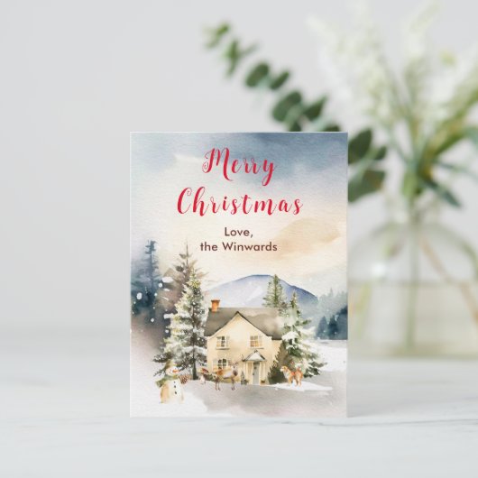 Winter Vakantiehuis Vrolijk kerstfeest Feestdagenkaart (Staand voorkant)