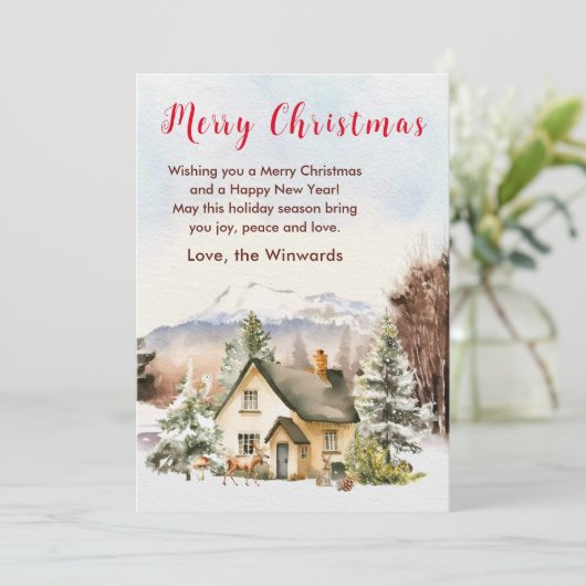 Winter Vakantiehuis Vrolijk kerstfeest Feestdagenkaart (Staand voorkant)