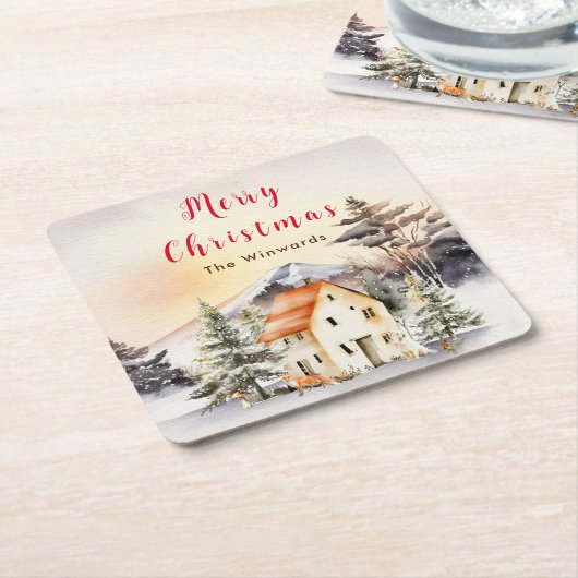 Winter Vakantiehuis Vrolijk kerstfeest Kartonnen Onderzetters (Schuin)