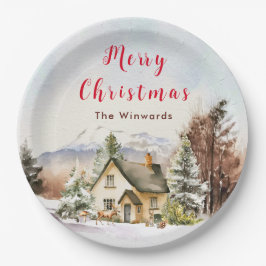 Winter Vakantiehuis Vrolijk kerstfeest Papieren Bordje