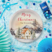Winter Vakantiehuis Vrolijk kerstfeest Papieren Bordje (Feest)