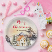 Winter Vakantiehuis Vrolijk kerstfeest Papieren Bordje (Feest)