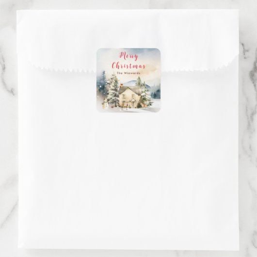 Winter Vakantiehuis Vrolijk kerstfeest Vierkante Sticker (Tas)