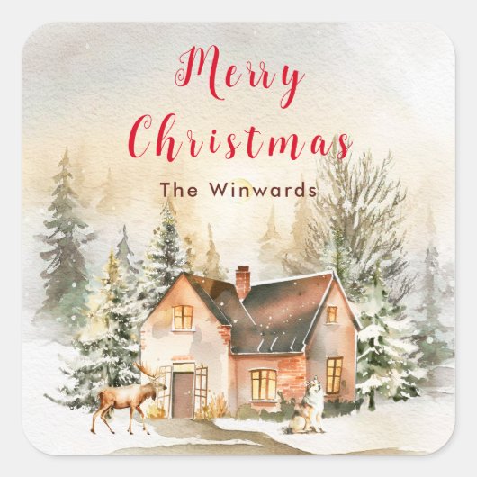 Winter Vakantiehuis Vrolijk kerstfeest Vierkante Sticker (Voorkant)