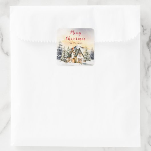 Winter Vakantiehuis Vrolijk kerstfeest Vierkante Sticker (Tas)