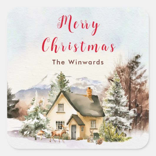 Winter Vakantiehuis Vrolijk kerstfeest Vierkante Sticker (Voorkant)