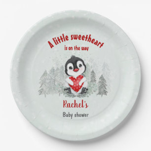 Winter Valentijnse Penguin Boy Baby shower Papieren Bordje