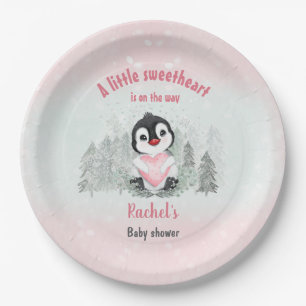 Winter Valentijnse Penguin Girl Baby shower Papieren Bordje