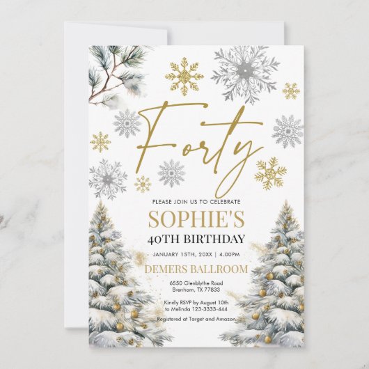 Winter Veertig Verjaardag Uitnodiging Goud en Zilv (Voorkant)