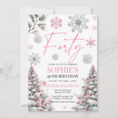 Winter Veertig Verjaardag Uitnodiging, Roze en Zil Kaart (Voorkant)