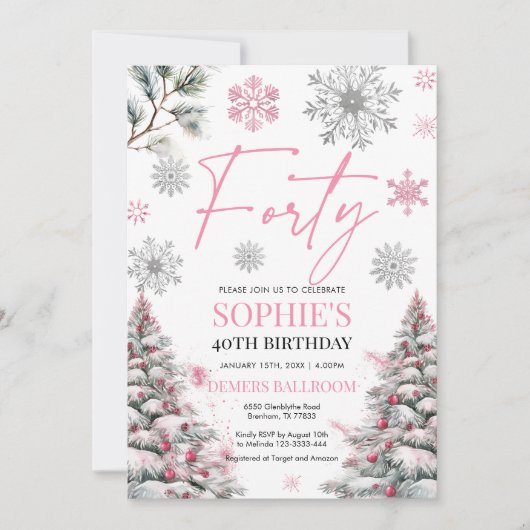 Winter Veertig Verjaardag Uitnodiging, Roze en Zil Kaart (Voorkant)