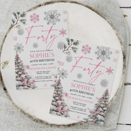 Winter Veertig Verjaardag Uitnodiging, Roze en Zil Kaart