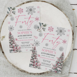 Winter Veertig Verjaardag Uitnodiging, Roze en Zil Kaart